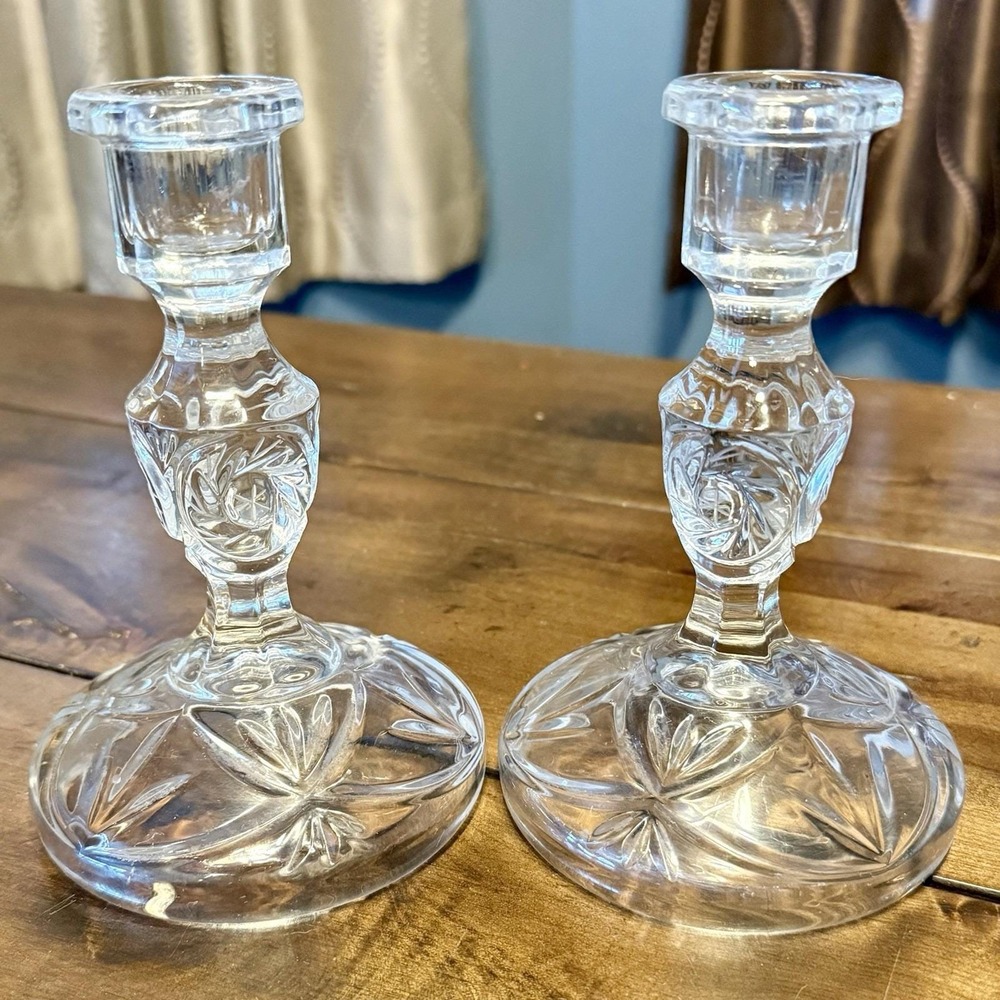 2 VTG 6" Yugoslavia 24% Lead Glass Crystal Pinwheel‎ Candlestick Candle Holders